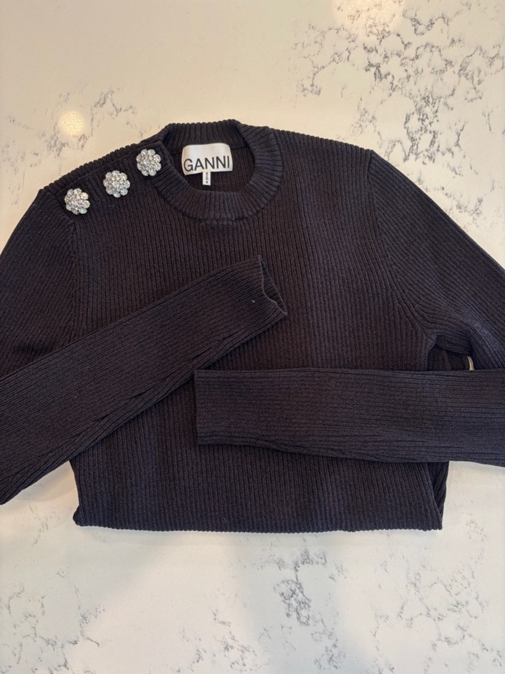 Ganni Black Ribbed Knit Sweater with Crystal Shoulder Buttons S